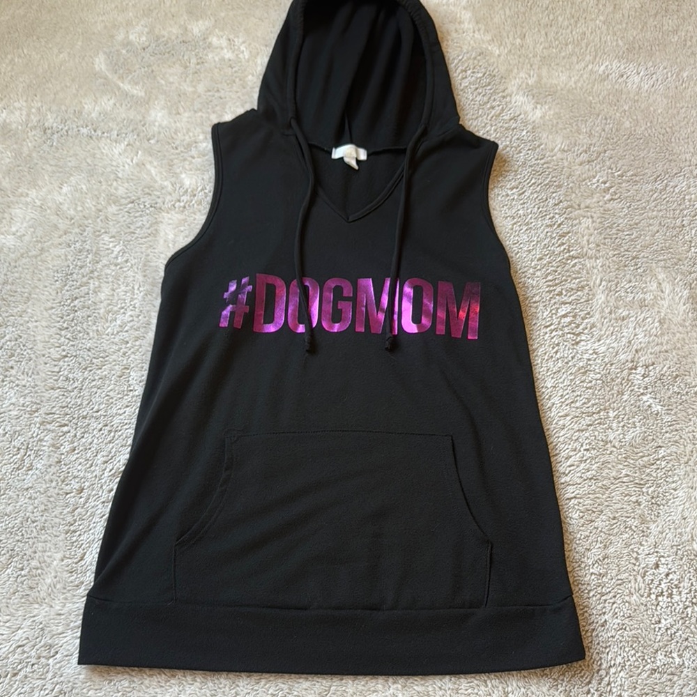 Charming Charlie Black Sleeveless Hoodie with Pink Graphic